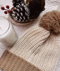 Men Nayked Apparel Accessories>Soft Chunky Knit Two-Tone Hat With Pom Pom And Solid Color Beanie With Pom Pom And Cuff